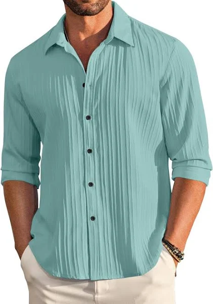 Men's Casual Plain Button Down Long Sleeve Textured Summer Beach Shirt